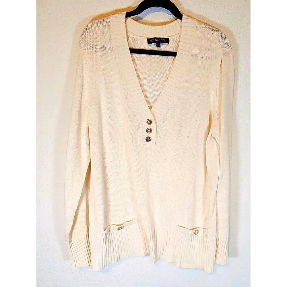 Jones New York Women's Ivory V-Neck Knit Pullover Sweater Buttons Pockets 2X